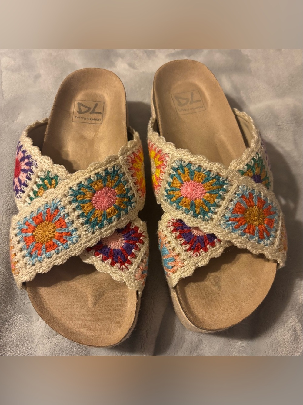 Dirty Laundry Crochet Sunburst Crossband Slide Mules in Cream and Multicolor